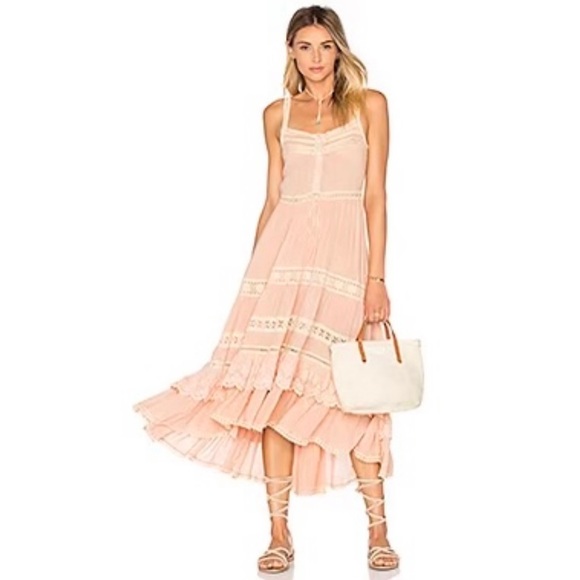 EUC SPELL prairie blush peach nude midi maxi layered lace ruffles dress S small - Picture 8 of 9